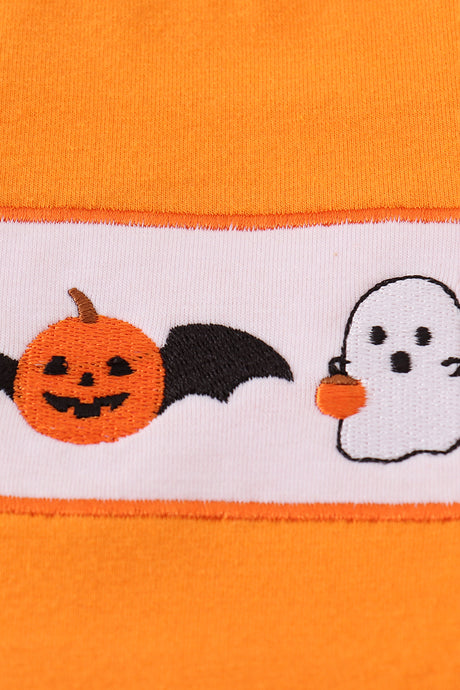 Orange Halloween pumpkin ghost embroidery top
