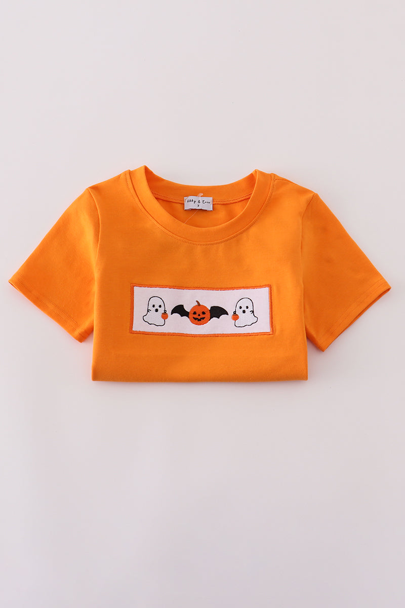 Orange Halloween pumpkin ghost embroidery top
