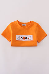 Orange Halloween pumpkin ghost embroidery top