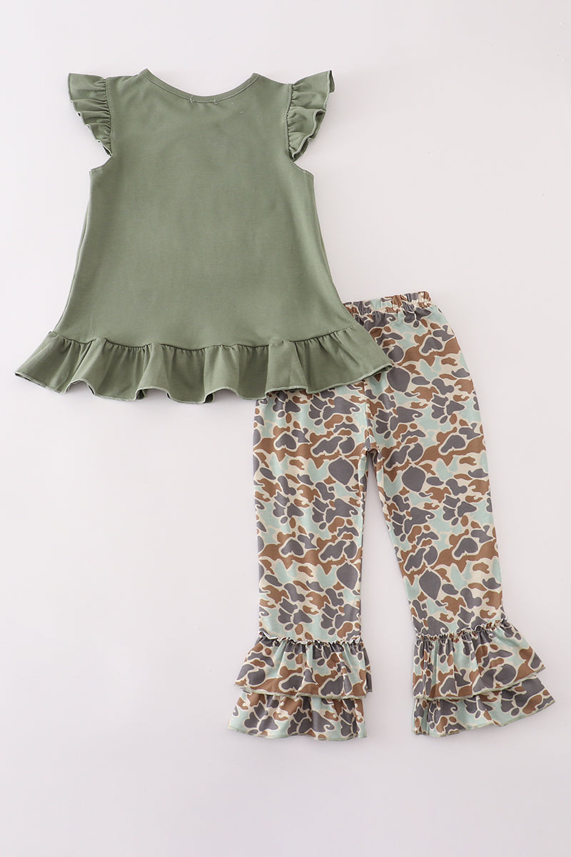 Camouflage print pumpkin applique ruffle pants set
