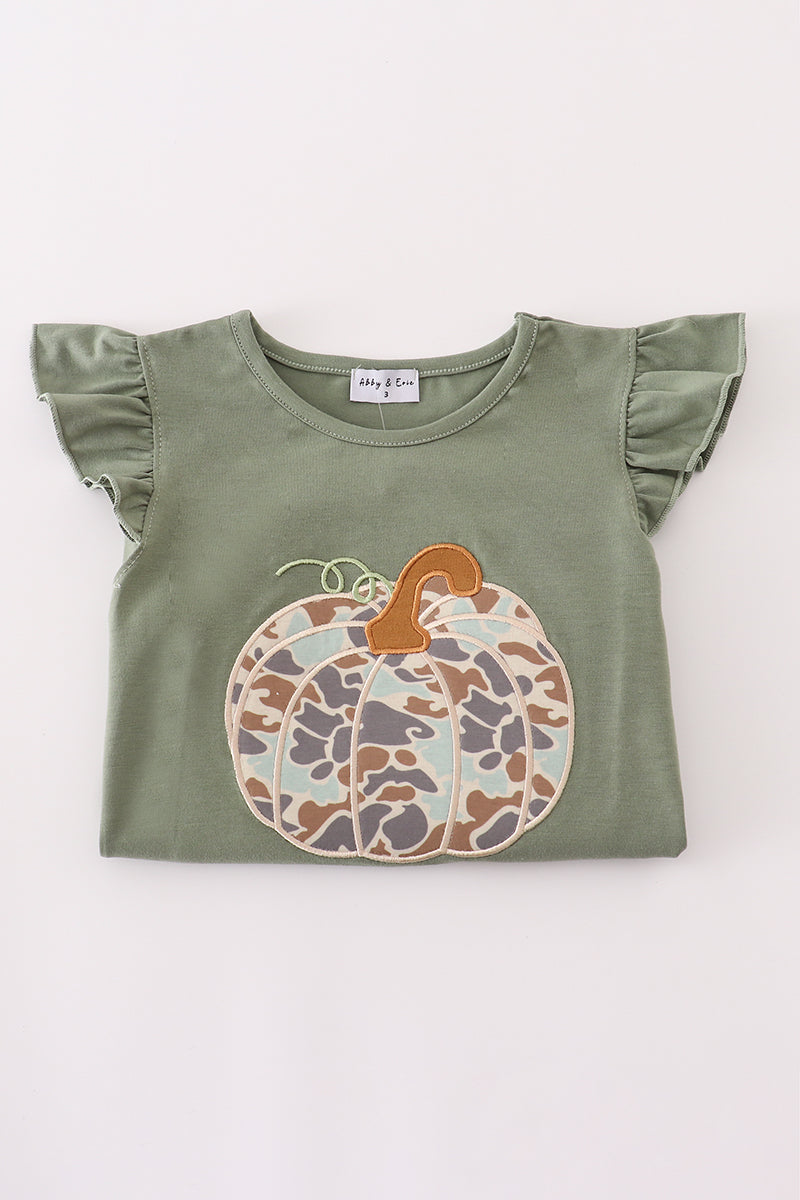 Camouflage print pumpkin applique ruffle pants set