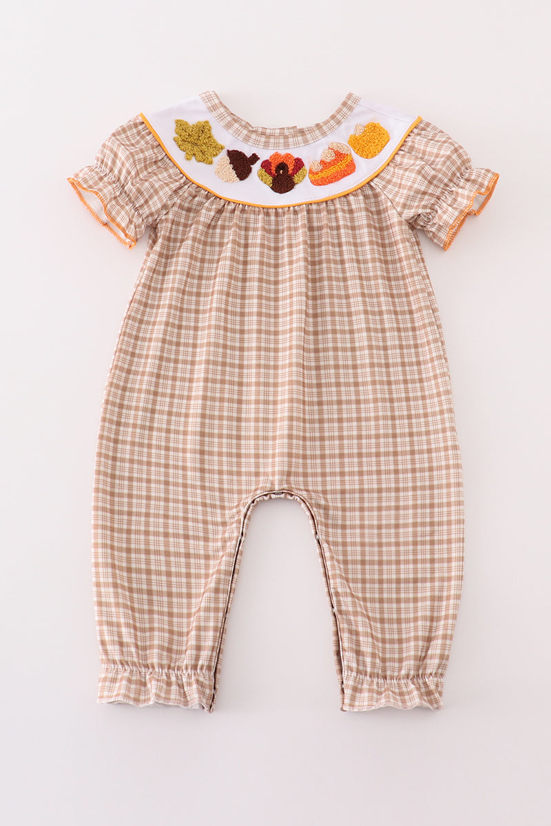 Brown plaid turkey french knot girl romper