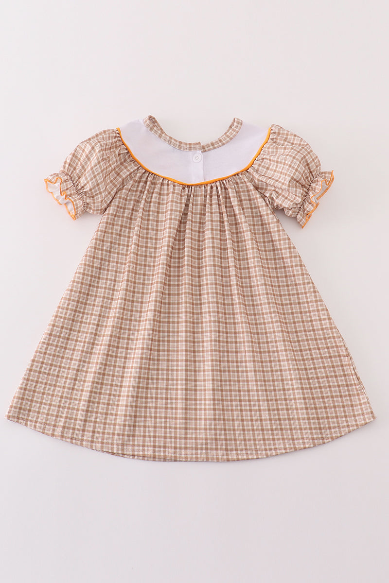 Brown plaid turkey french knot girl dress