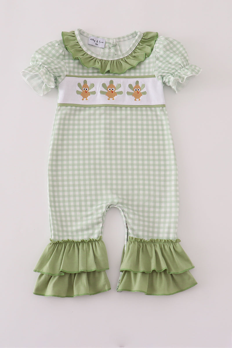 Sage turkey embroidery gingham ruffle romper