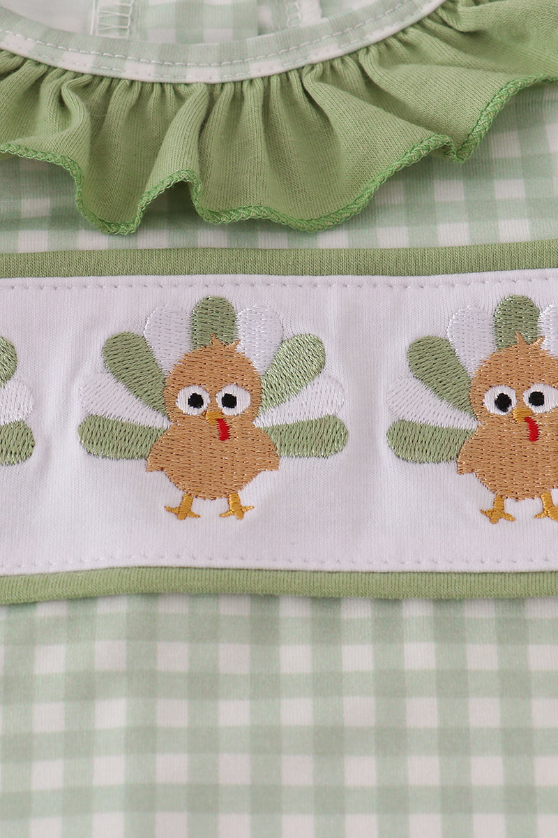 Sage turkey embroidery gingham ruffle romper