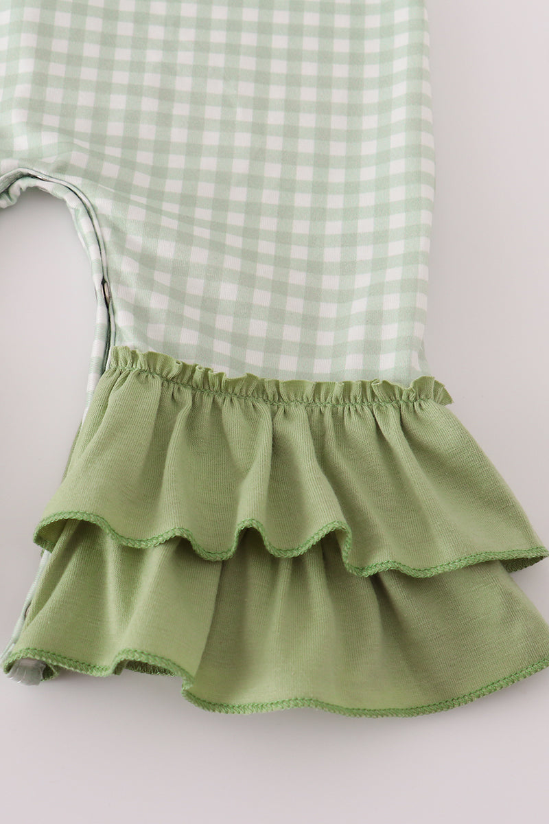 Sage turkey embroidery gingham ruffle romper