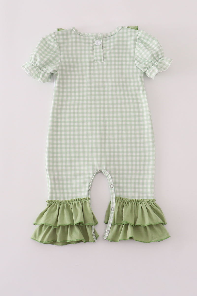 Sage turkey embroidery gingham ruffle romper