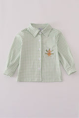 Sage turkey embroidery gingham button down shirt