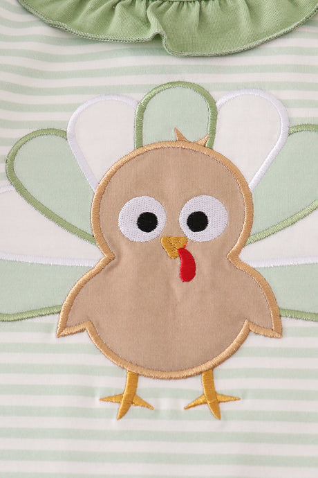Sage turkey applique stripe ruffle romper
