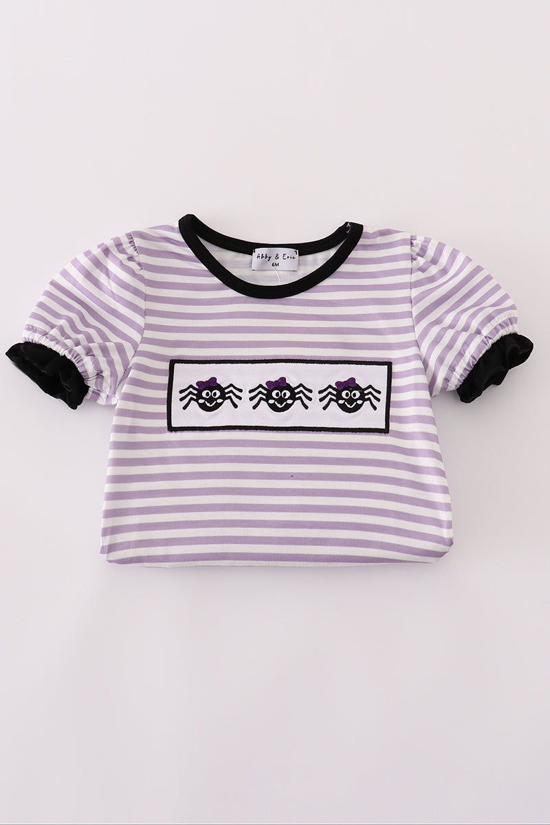 Purple Halloween spider embroidery stripe ruffle bubble