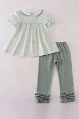 Sage stripe french knot ruffle pants set