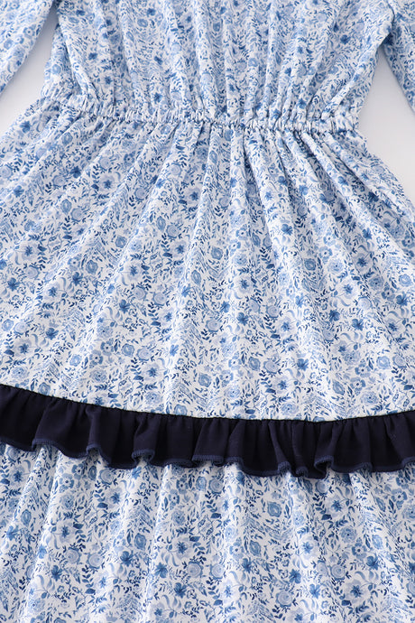 Blue floral print tiered mom ruffle dress