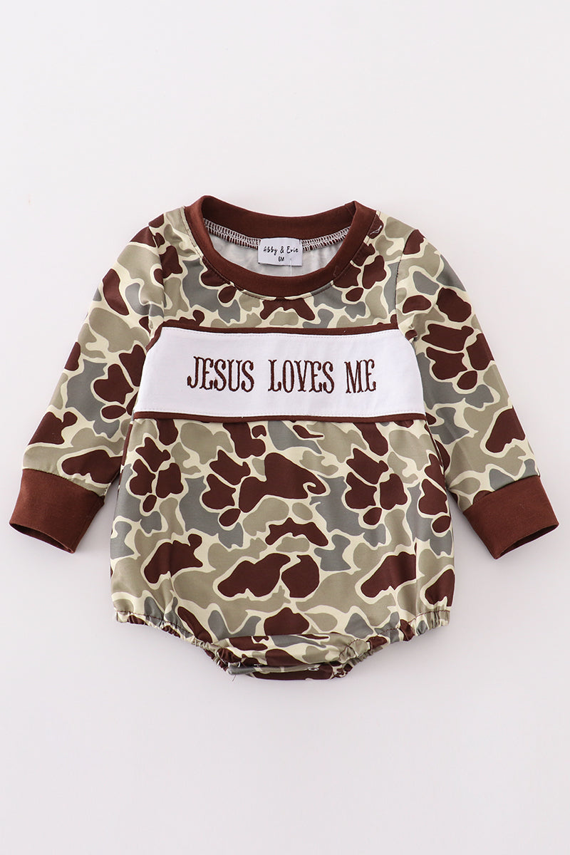 Camouflage jesus loves me embroidery boy bubble