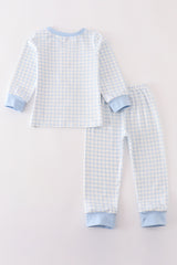 Blue pumpkin embroidery plaid boy set