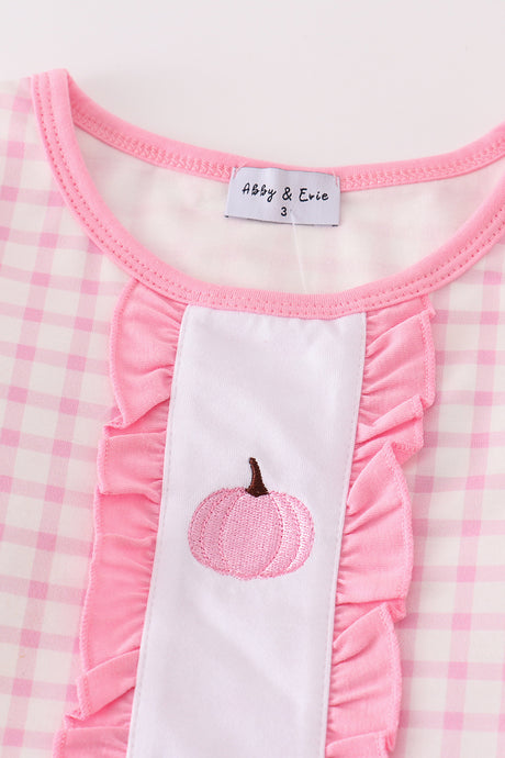 Pink pumpkin embroidery plaid girl set