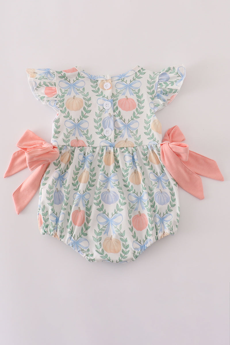 Green bow print embroidery ruffle bubble