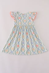 Green bow print embroidery ruffle dress