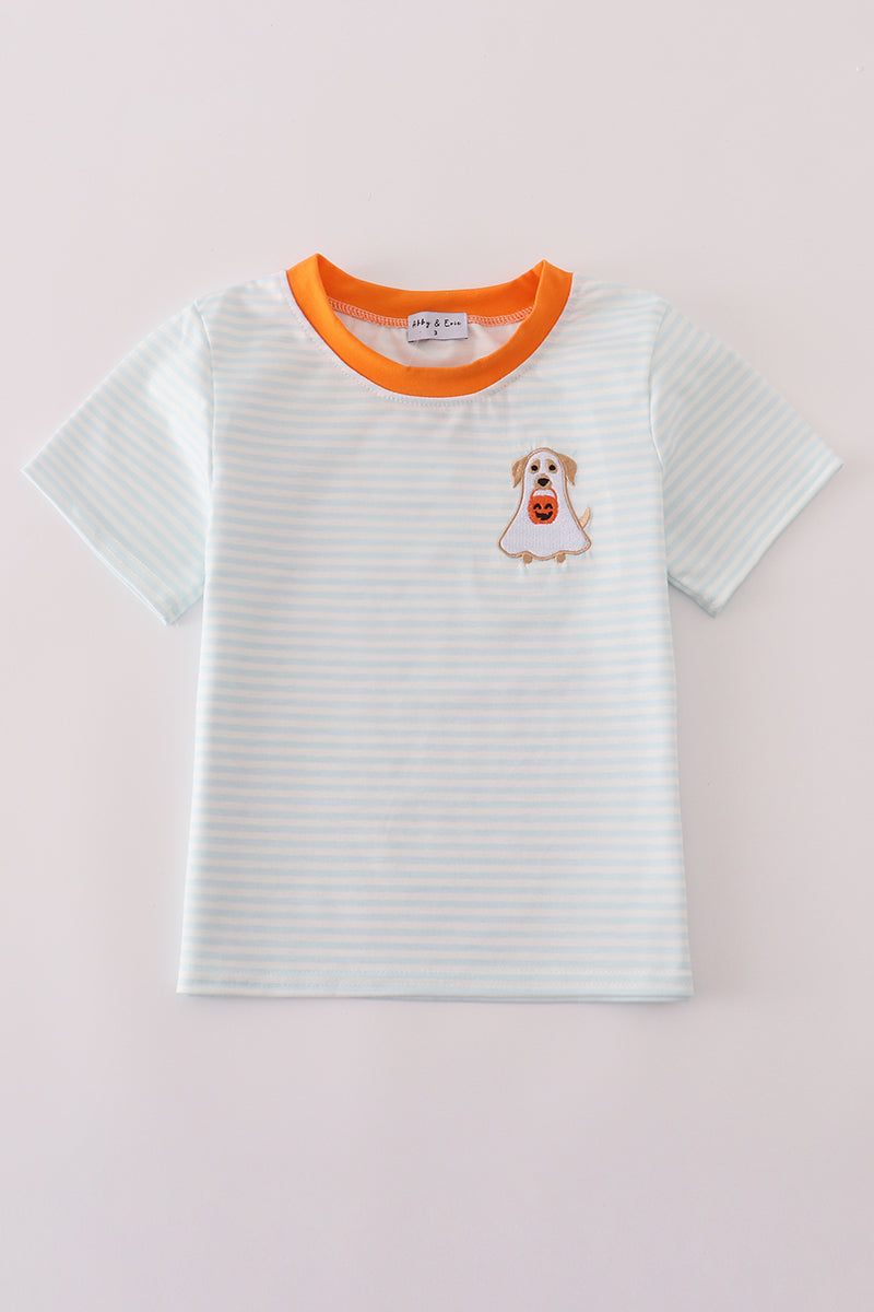 Blue puppy pumpkin embroidery stripe top