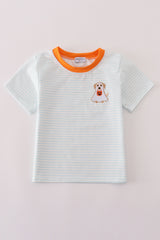 Blue puppy pumpkin embroidery stripe top
