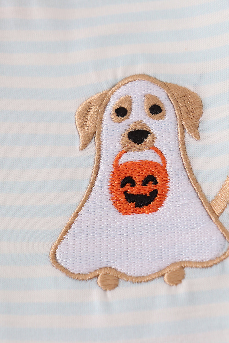 Blue puppy pumpkin embroidery stripe top