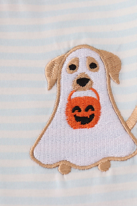 Blue puppy pumpkin embroidery stripe top