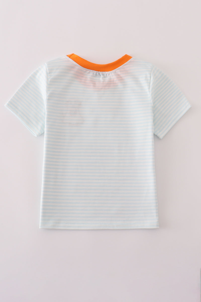 Blue puppy pumpkin embroidery stripe top