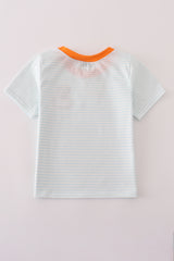 Blue puppy pumpkin embroidery stripe top
