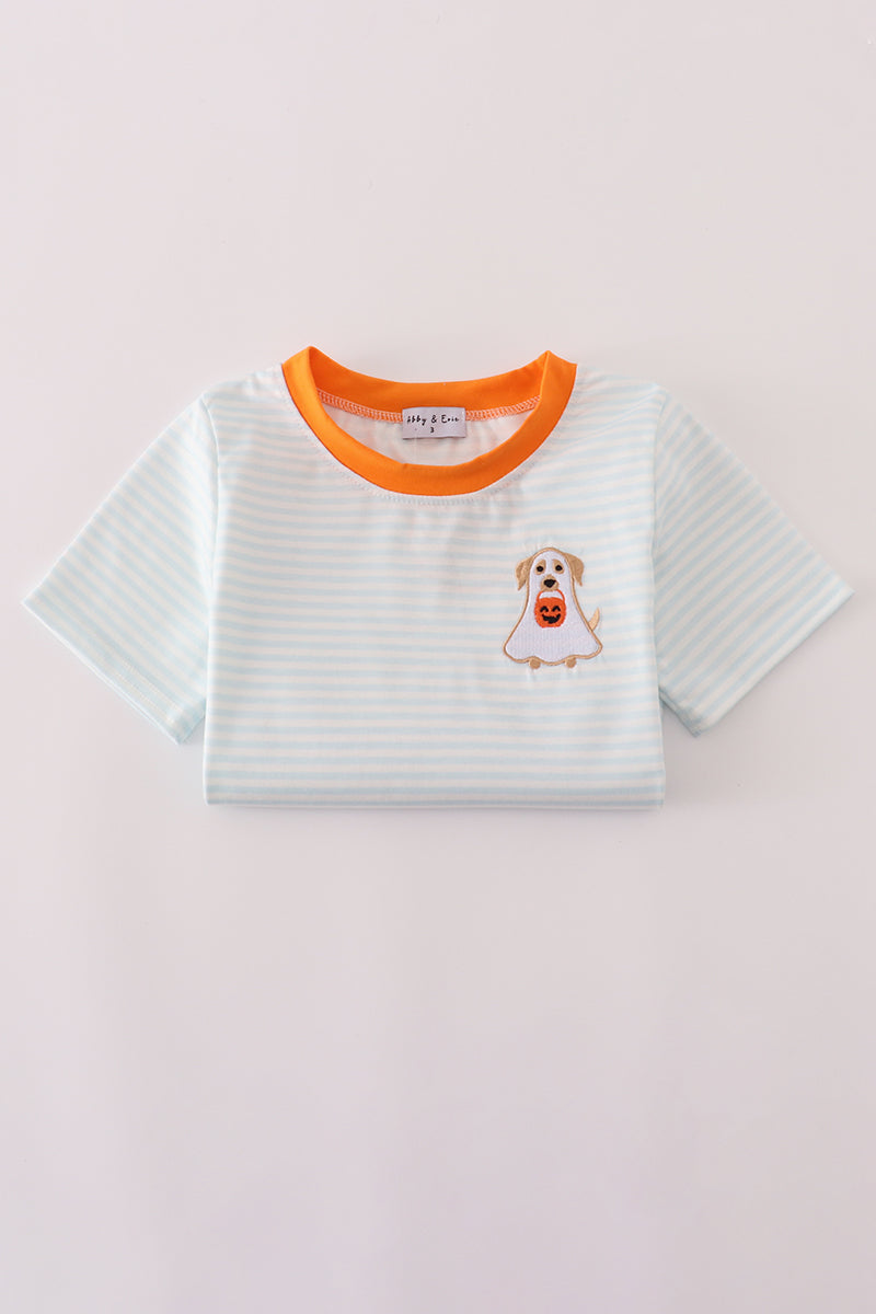 Blue puppy pumpkin embroidery stripe top