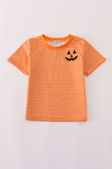 Orange Halloween embroidery stripe top