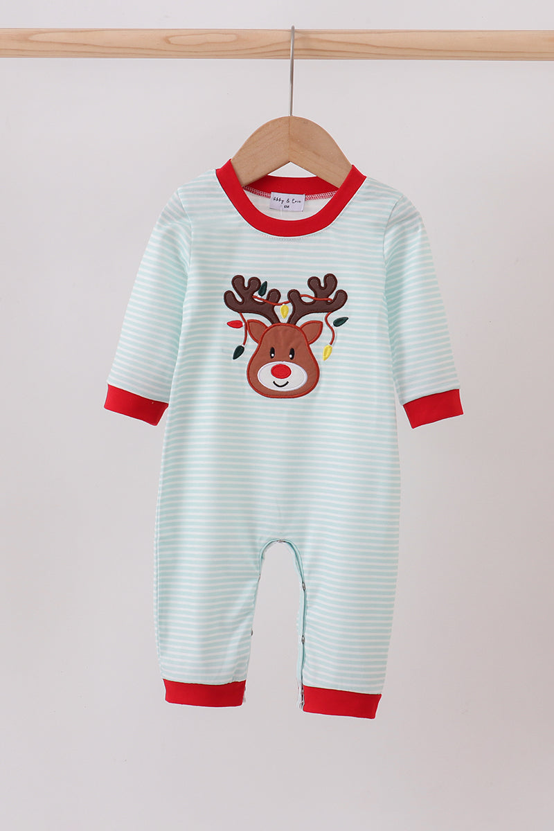 Blue reindeer applique stripe romper