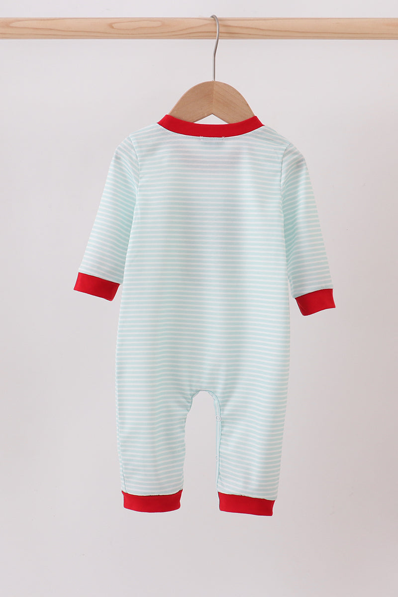 Blue reindeer applique stripe romper
