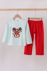 Blue reindeer applique stripe pants set