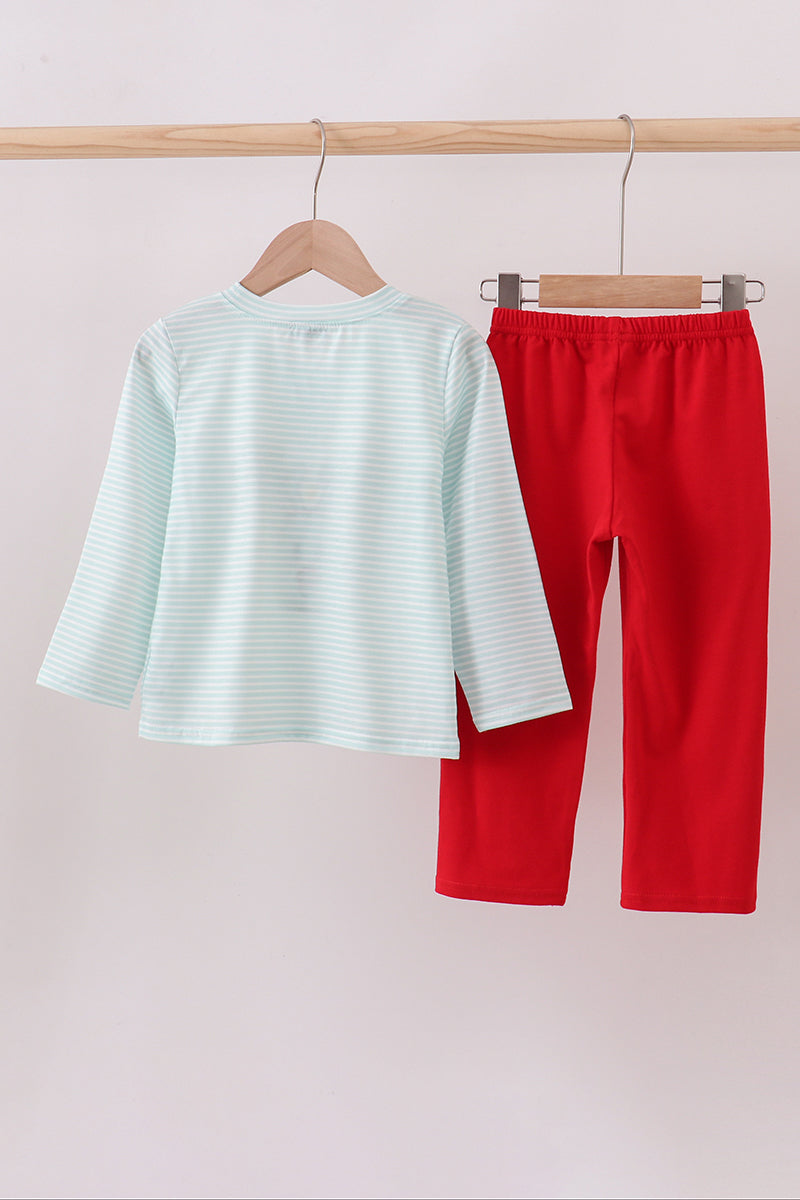 Blue reindeer applique stripe pants set