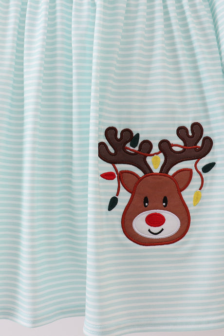 Blue reindeer applique stripe dress
