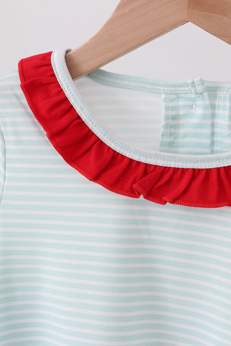 Blue reindeer applique stripe ruffle pants set