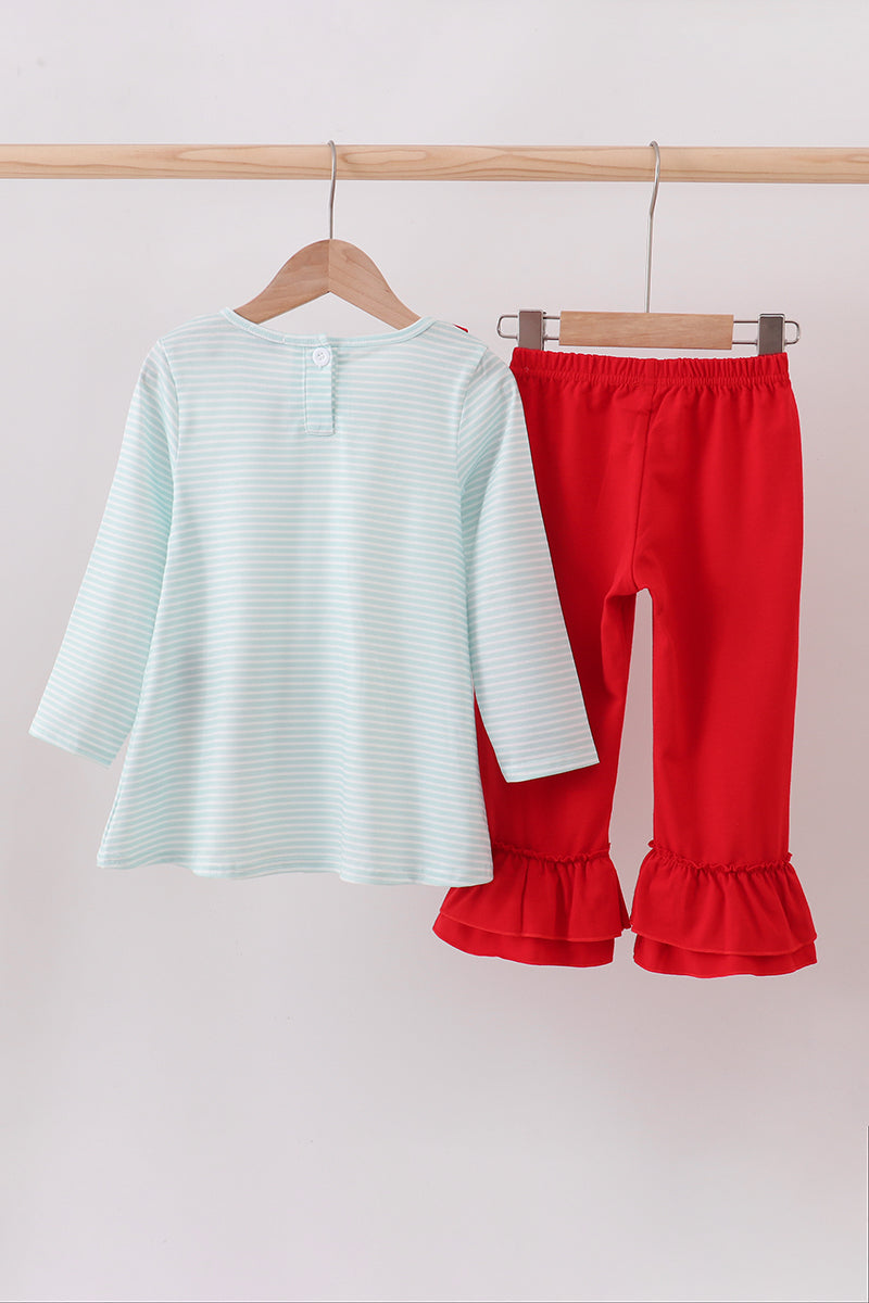Blue reindeer applique stripe ruffle pants set