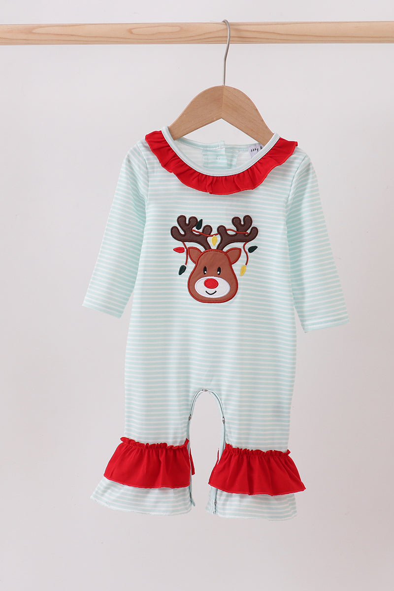 Blue reindeer applique stripe ruffle romper