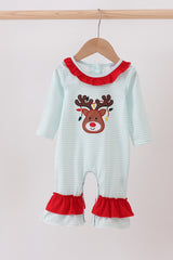 Blue reindeer applique stripe ruffle romper
