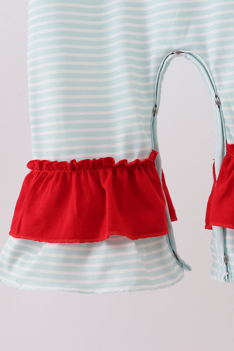 Blue reindeer applique stripe ruffle romper