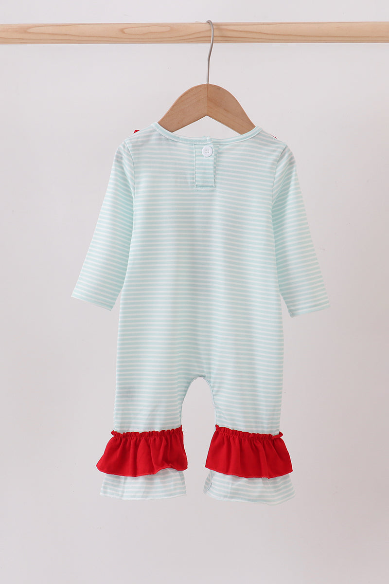 Blue reindeer applique stripe ruffle romper