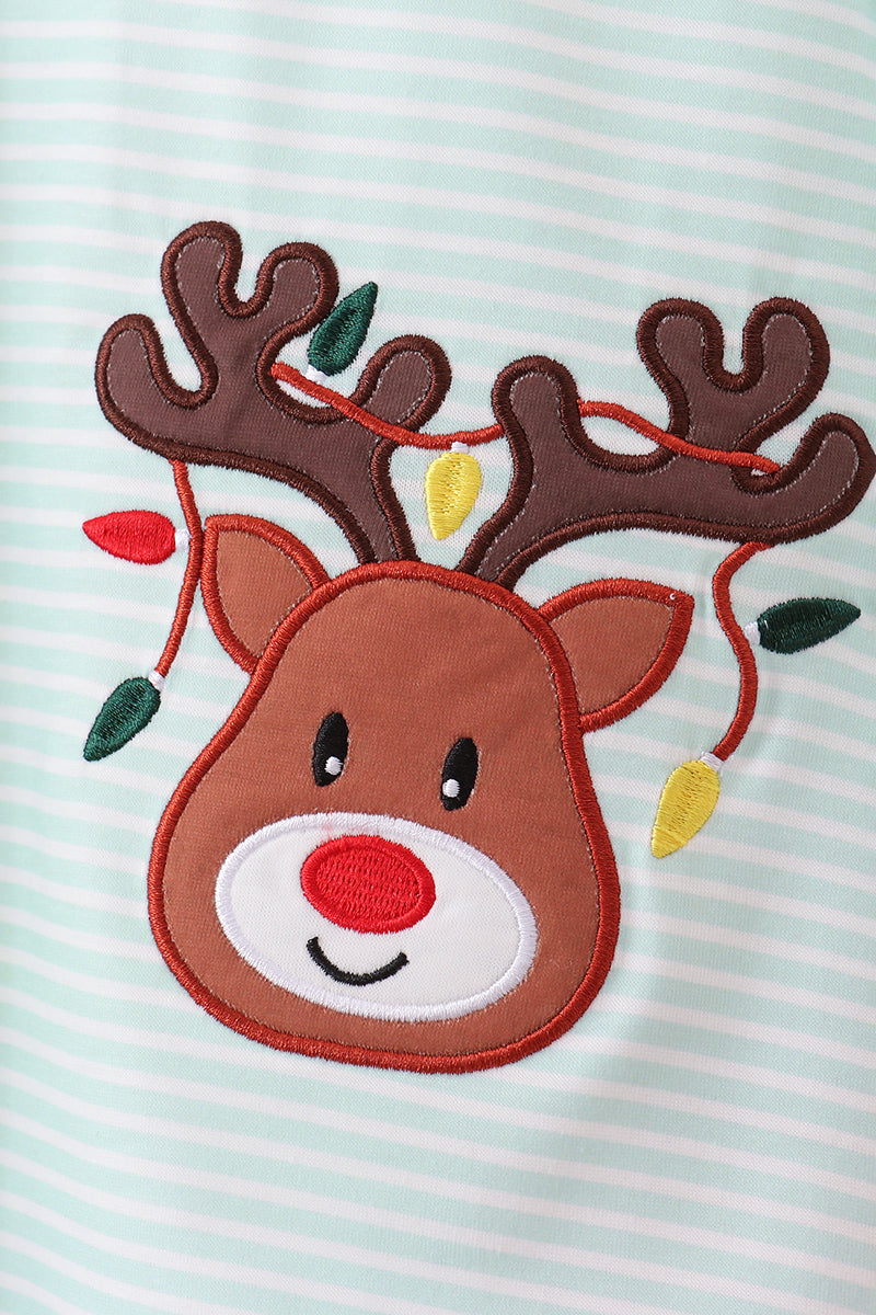 Blue reindeer applique stripe ruffle romper