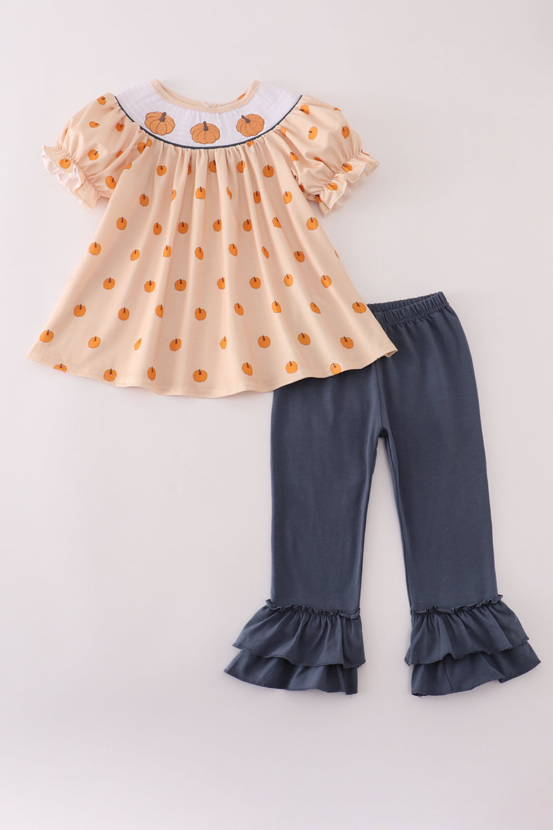 Khaki embroidery smocked ruffle pants set