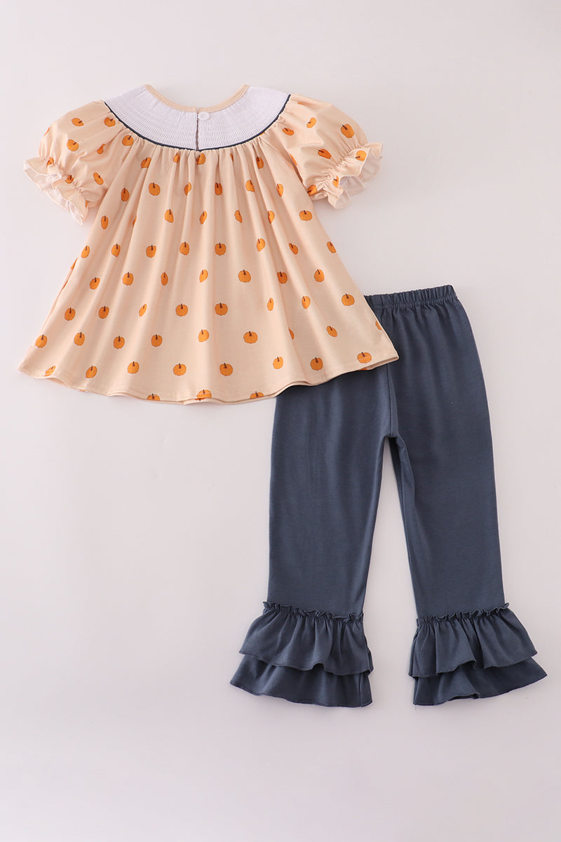 Khaki embroidery smocked ruffle pants set