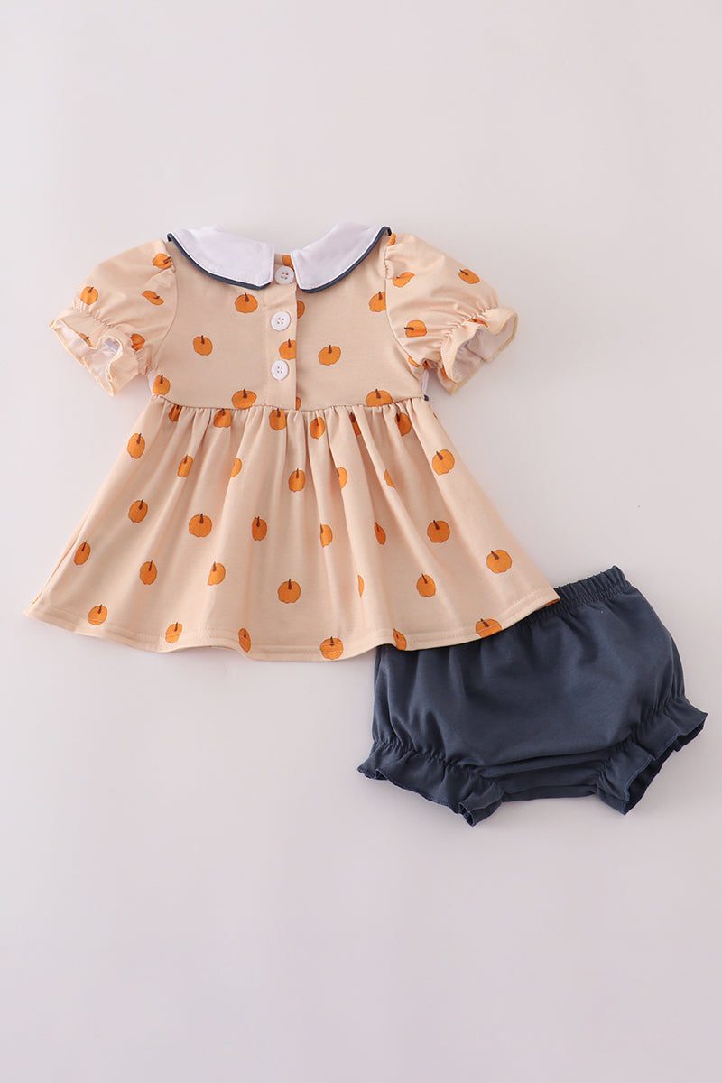 Khaki embroidery smocked bloomer set