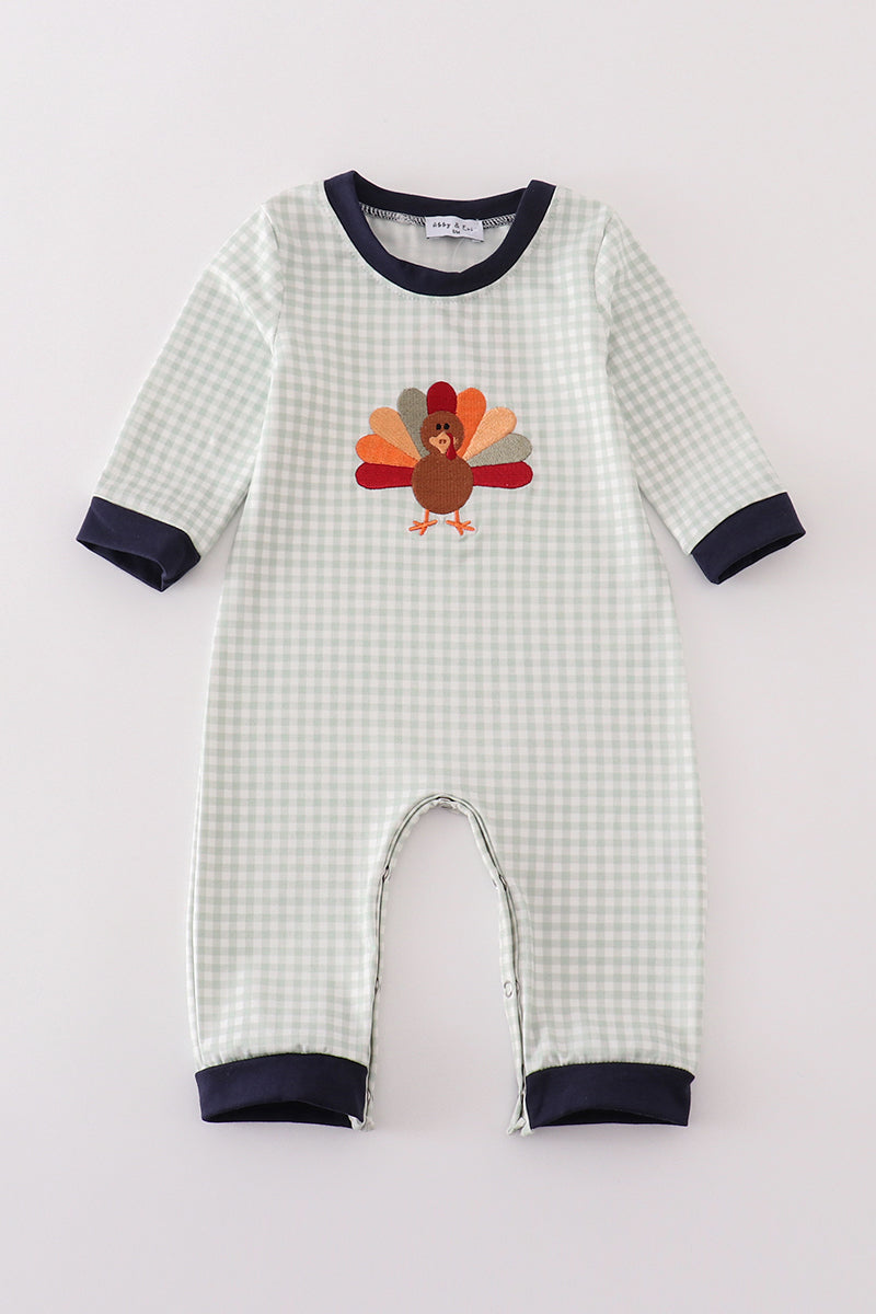 Sage turkey embroidery gingham boy romper