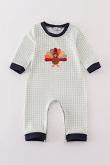 Sage turkey embroidery gingham boy romper