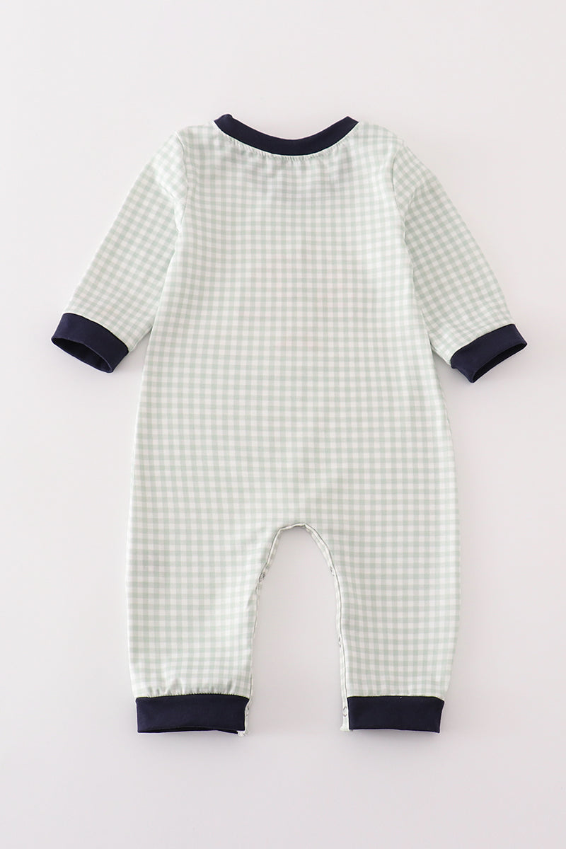 Sage turkey embroidery gingham boy romper