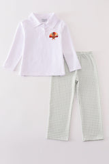 Sage turkey embroidery gingham boy pants set