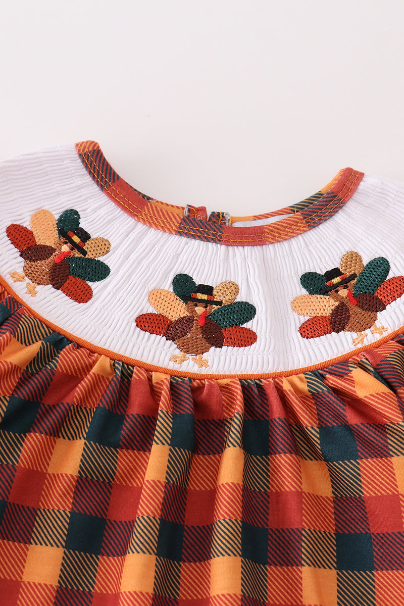 Orange turkey embroidery smocked plaid girl romper