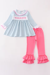 Blue bow embroidery girl set